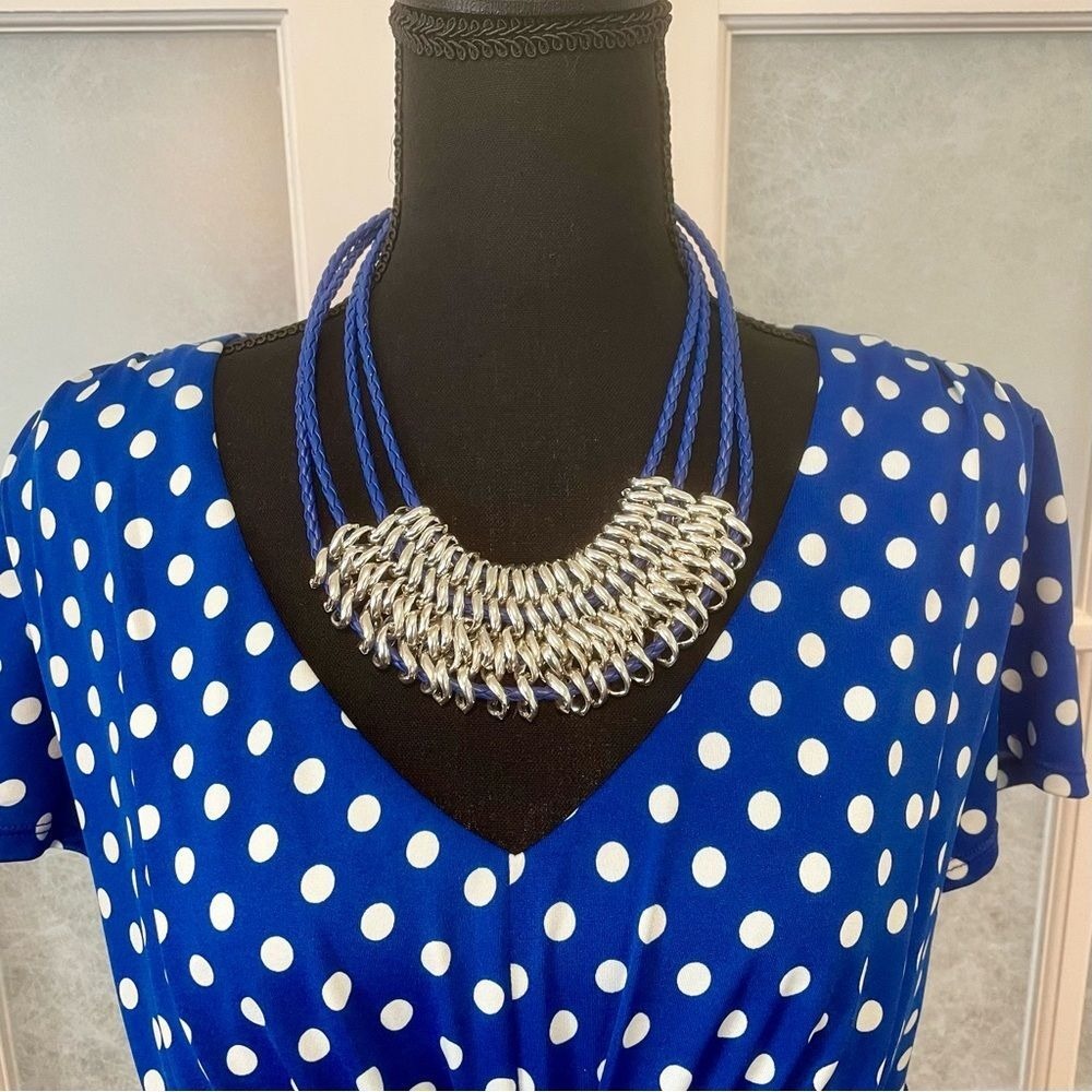 Vintage Blue Leather and Silver Tone Chain Link  Necklace Claw Clasp